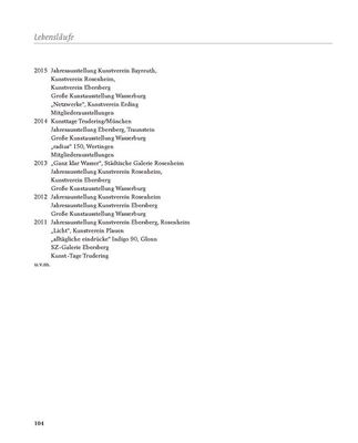 Abschließende Katalogseite der Lebensläufe mit einer nach Jahren geordneten Liste von Ausstellungen von 2011 bis 2015.
