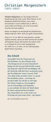 Texttafel mit Lebensdaten eines Dichters um 1900 und seinem Gedicht „Das Schach“, einem Dialog zwischen Mensch und Weltgeist.