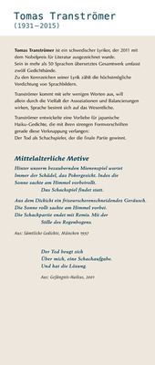 Texttafel zu einem schwedischen Lyriker mit dem Gedicht „Mittelalterliche Motive“ und einem Haiku über den Tod als Schachspieler.