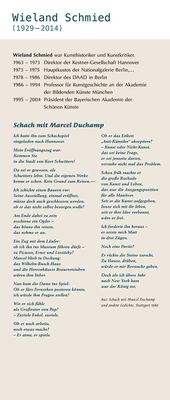 Texttafel zu einem Kunsthistoriker und Lyriker mit einem Gedicht über eine erdachte Schachpartie gegen einen berühmten Künstler.
