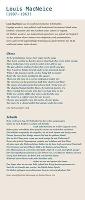 Texttafel zu einem nordirisch-britischen Dichter mit dem Gedicht „Chess“ im englischen Original und in deutscher Übersetzung.