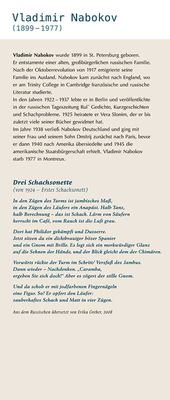Texttafel zu einem russischstämmigen Schriftsteller mit Lebenslauf und dem ersten seiner „Drei Schachsonette“ von 1924.