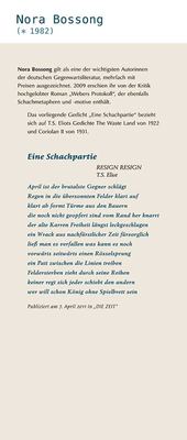 Texttafel zu einer deutschen Gegenwartsautorin mit ihrem Gedicht „Eine Schachpartie“, das auf moderne Lyrik anspielt.