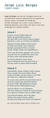 Texttafel zu einem argentinischen Klassiker der Weltliteratur mit den beiden Gedichten „Schach I“ und „Schach II“.